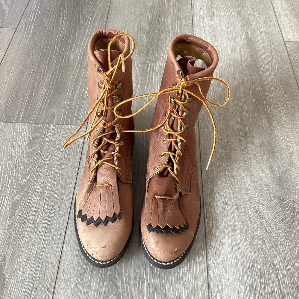 Vintage Laredo Leather Lace Up Riding Boots W/ Fringe Detail at Toe Size 7.5
